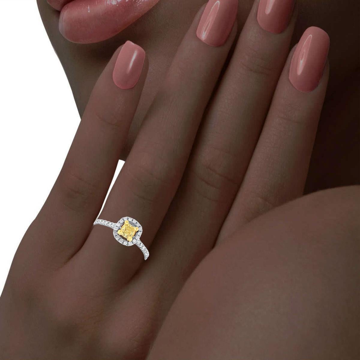 0.35 Carat Cushion Shape Yellow Diamond Halo 18k Two Tone Ring For Sale 1