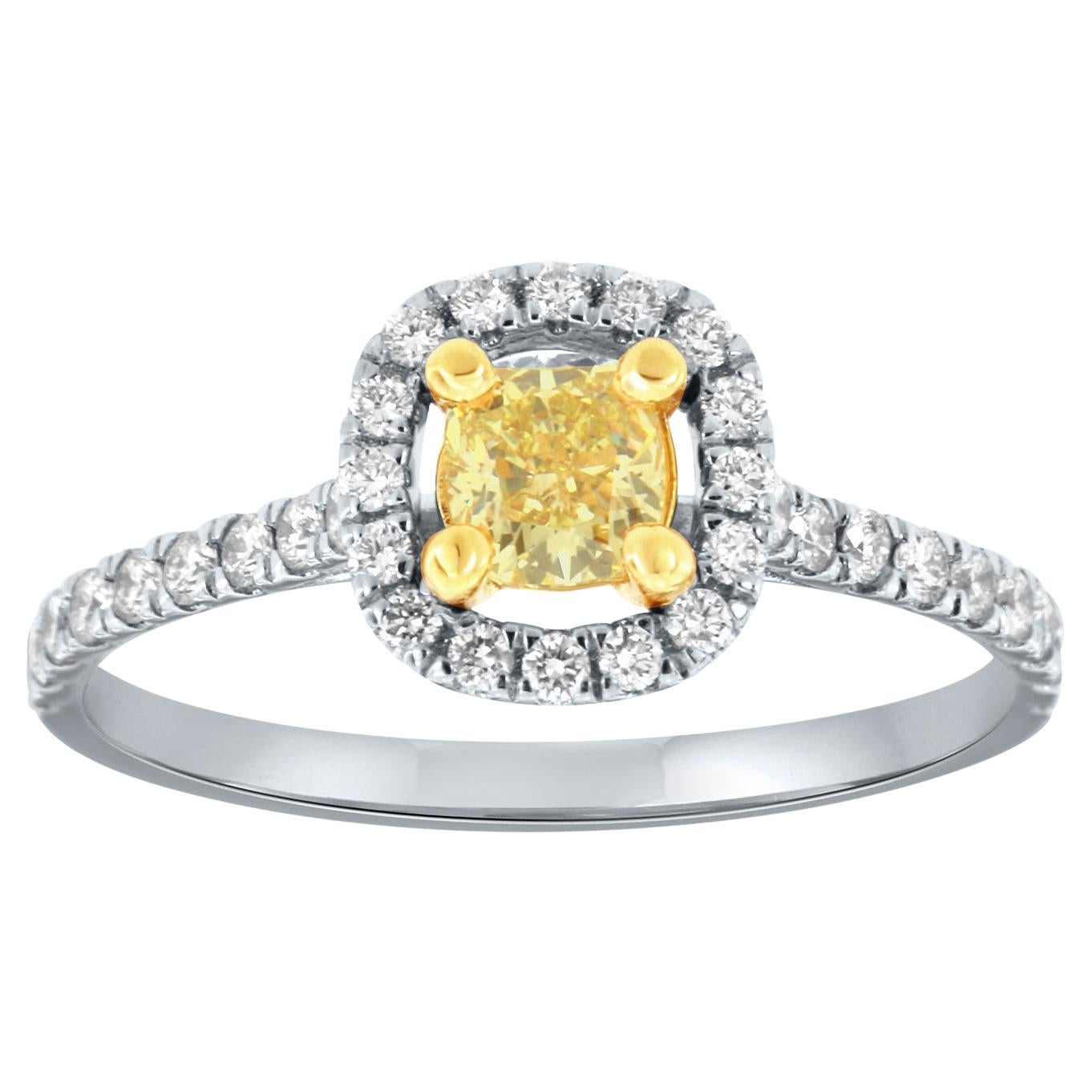 Bague bicolore 18 carats avec halo de diamants jaunes en forme de coussin de 0,35 carat