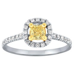 Bague bicolore 18 carats avec halo de diamants jaunes en forme de coussin de 0,35 carat