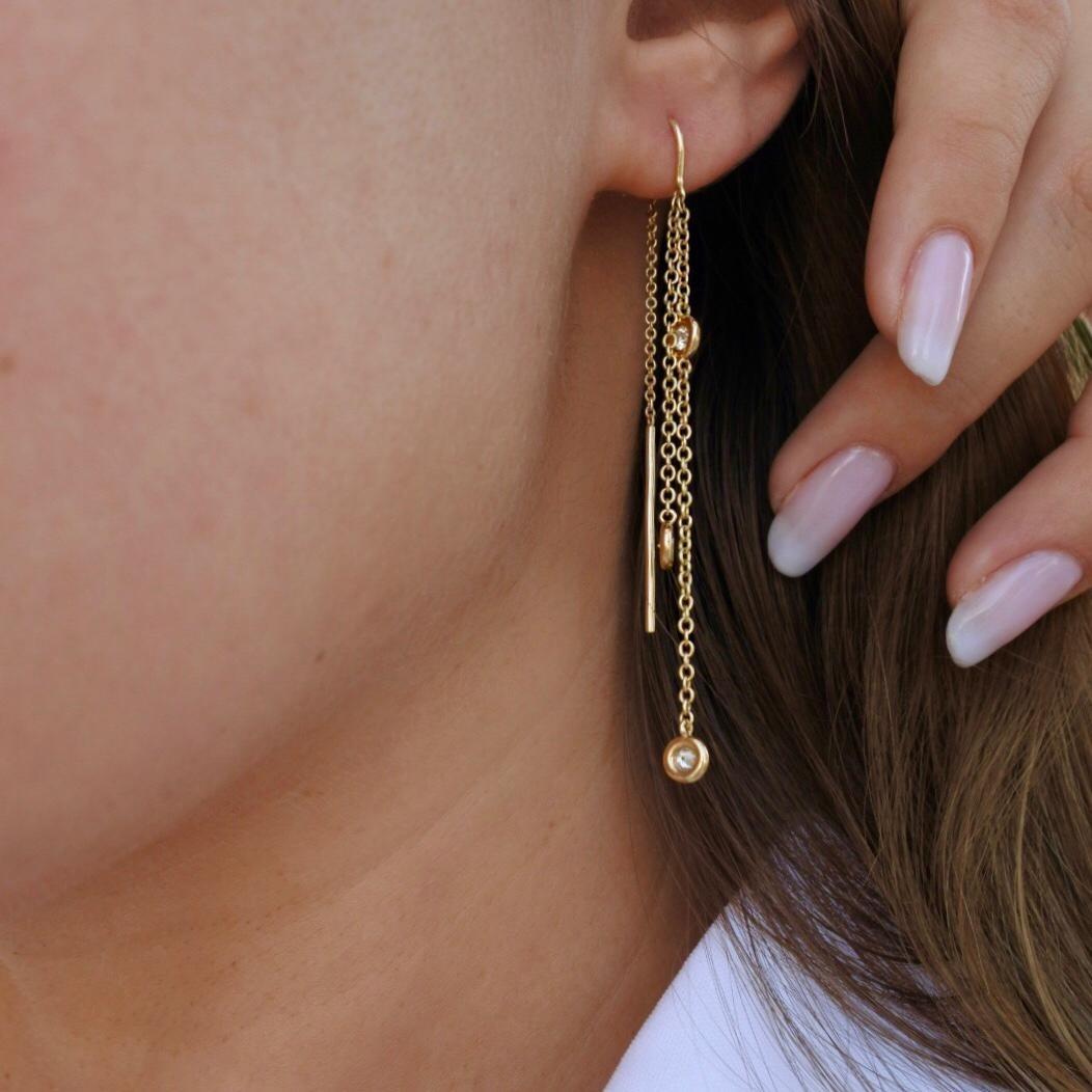 Art Deco 0.35 Carat Diamond Chain Threader Earrings in 14k Yellow Gold - Shlomit Rogel For Sale