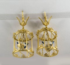 0.35 Carat Diamond Enamel Yellow Gold Stud "Bird Cage" Earrings