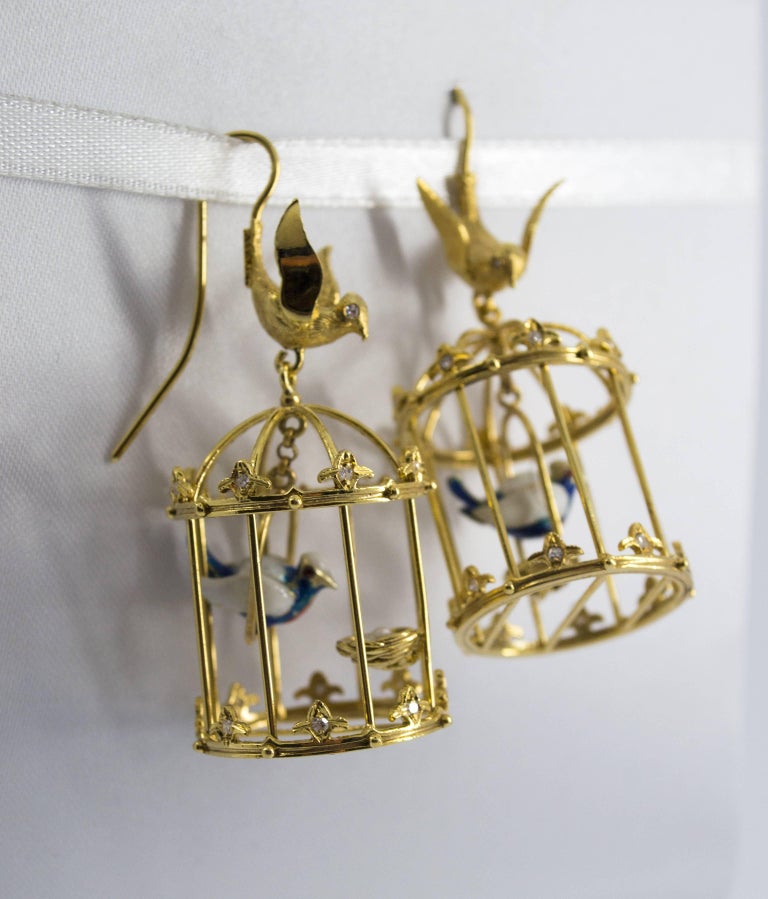 0.35 Carat Diamond Enamel Yellow Gold Stud "Bird Cage" Earrings at 1stDibs