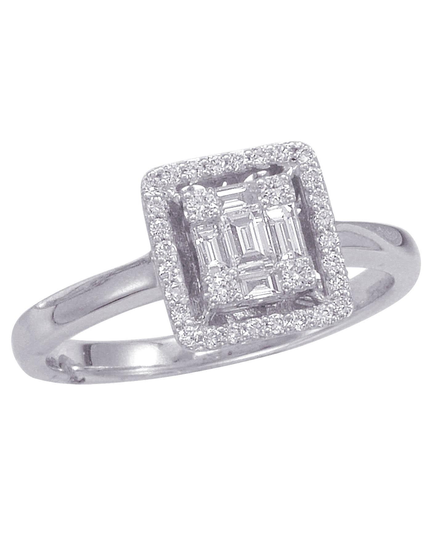 This stunning ring features a beautiful Emerald Cluster of White Diamonds, surrounded by a Diamond Halo. The Emerald Cluster is comprised of Baguette and Round White Diamonds. 

This ring is set in 18K White Gold. Total Diamond Weight = 0.35 Carats.