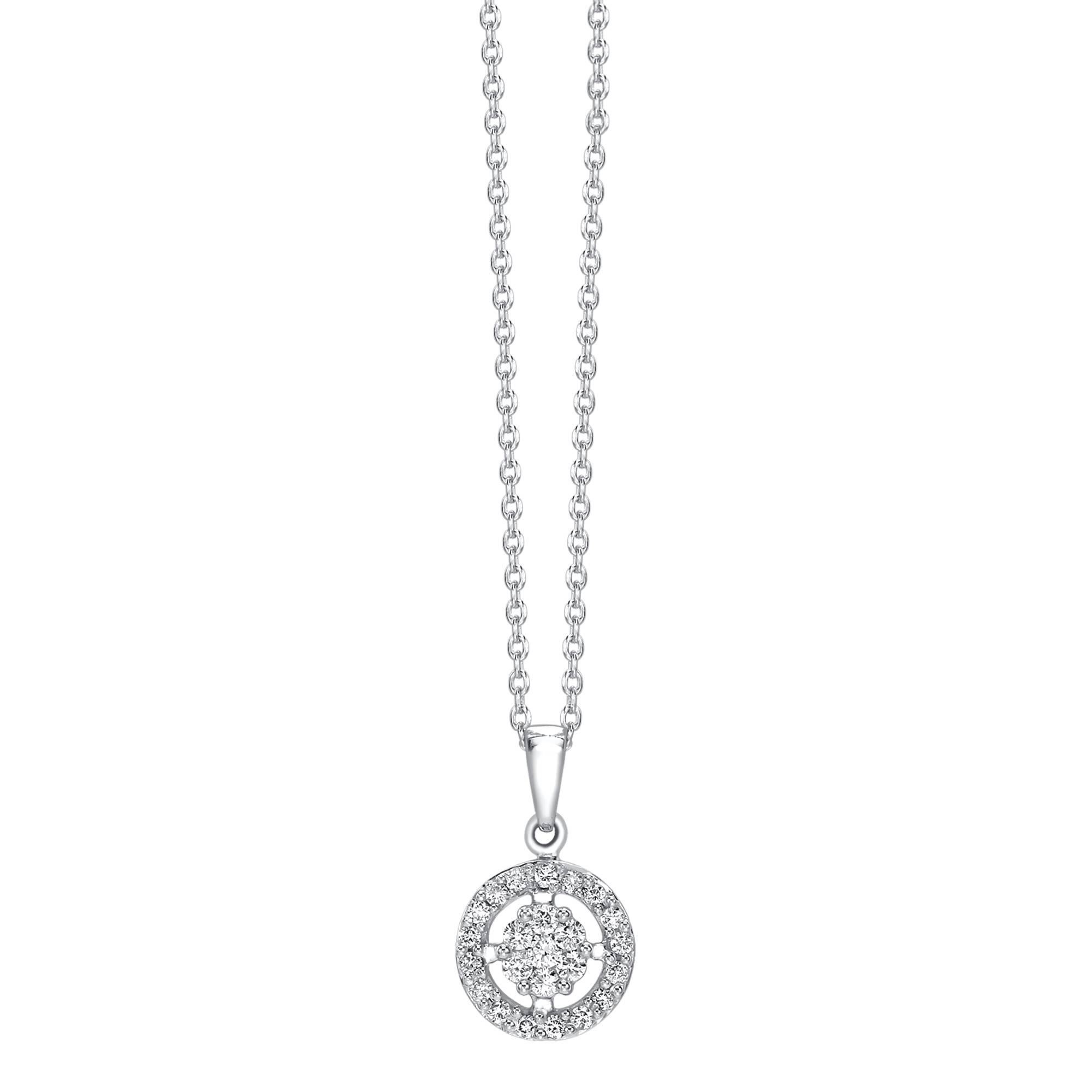 A Round Brilliant Diamond is surrounded by a halo of Glistening Diamonds. Simple but elegant this pendant is paired with a 18 Karat White Gold chain. The total Diamond weight is 0.35 Carat. With a diameter of 10mm this pendant weighs 2.8grams. This