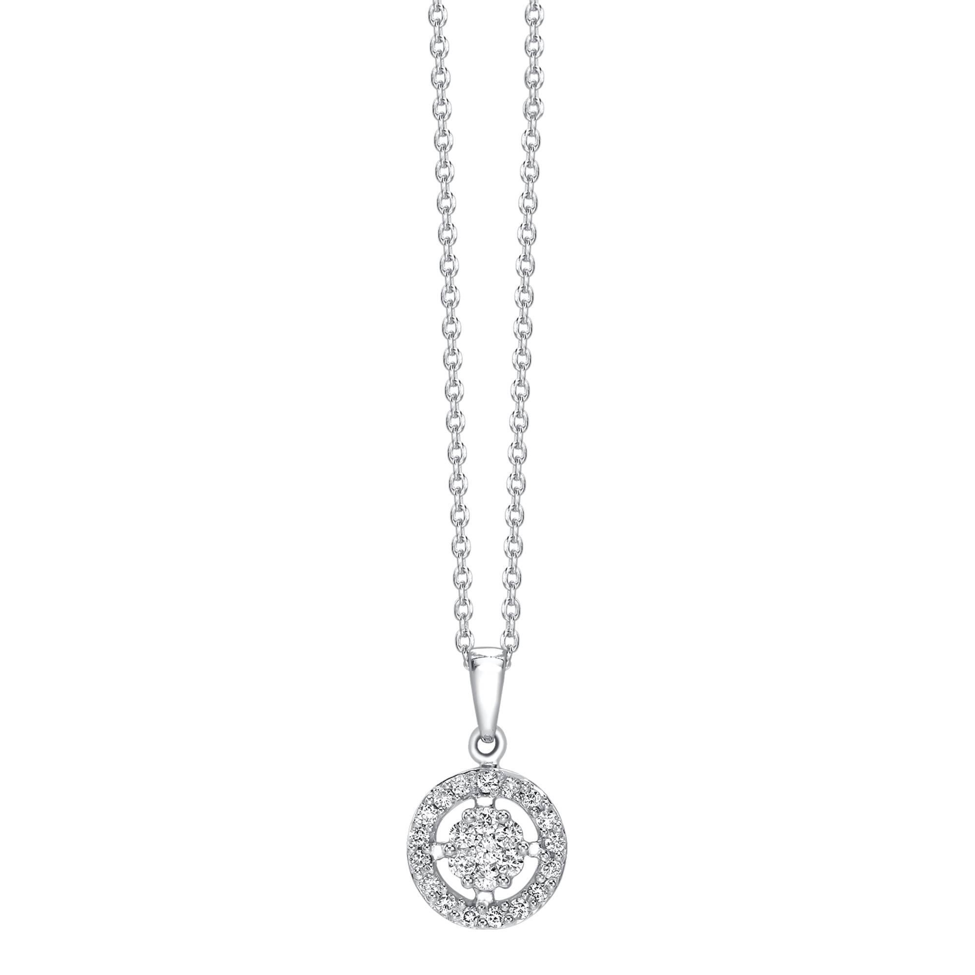 Ein runder Brillant ist von einem Heiligenschein aus funkelnden Diamanten umgeben. Dieser schlichte, aber elegante Anhänger wird mit einer Kette aus 18 Karat Weißgold kombiniert. Das Gesamtgewicht der Diamanten beträgt 0,35 Karat. Mit einem