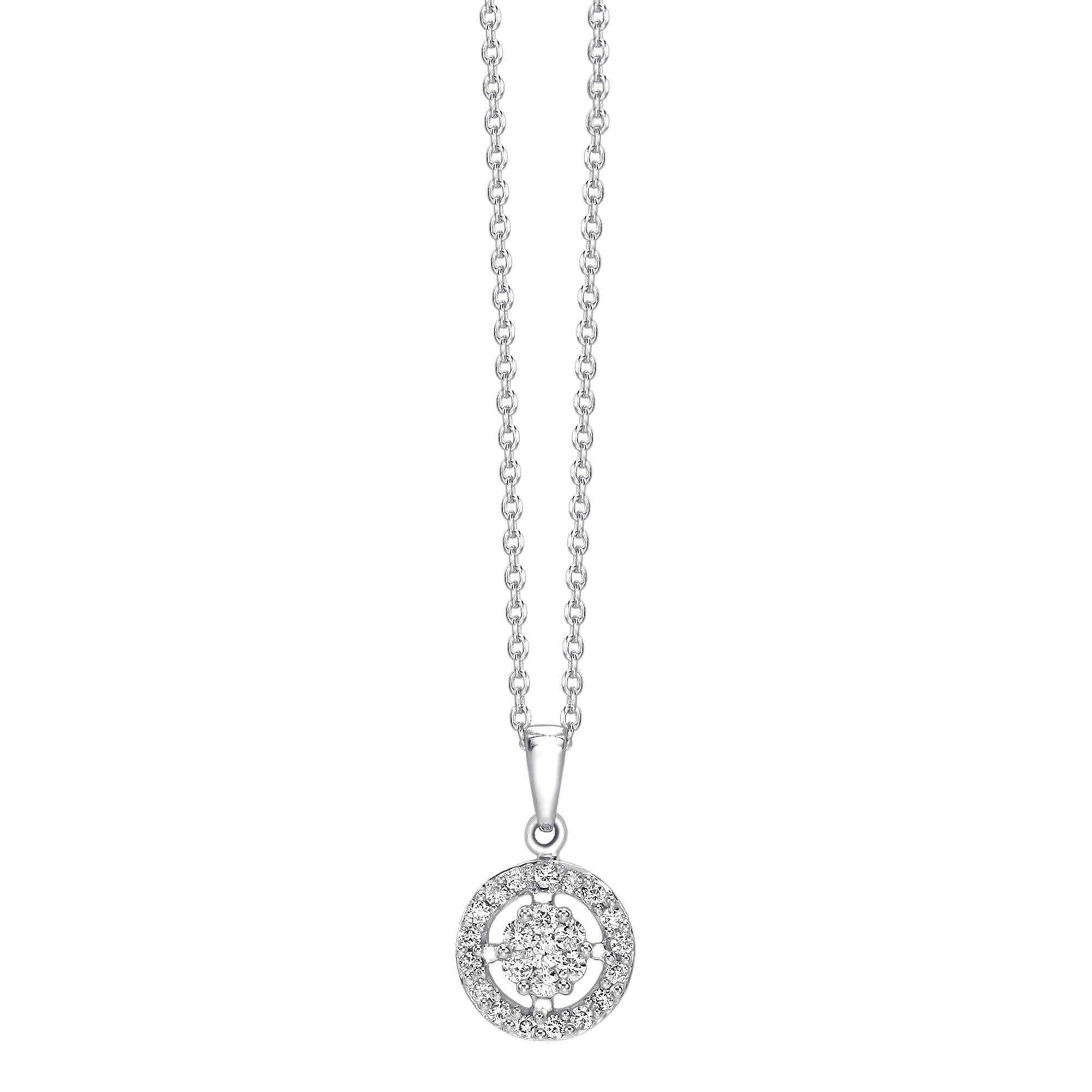 Un diamant rond brillant est entouré d'un halo de diamants scintillants. Simple mais élégant, ce pendentif est associé à une chaîne en or blanc 18 carats. Le poids total des diamants est de 0,35 carat. D'un diamètre de 10 mm, ce pendentif pèse 2,8