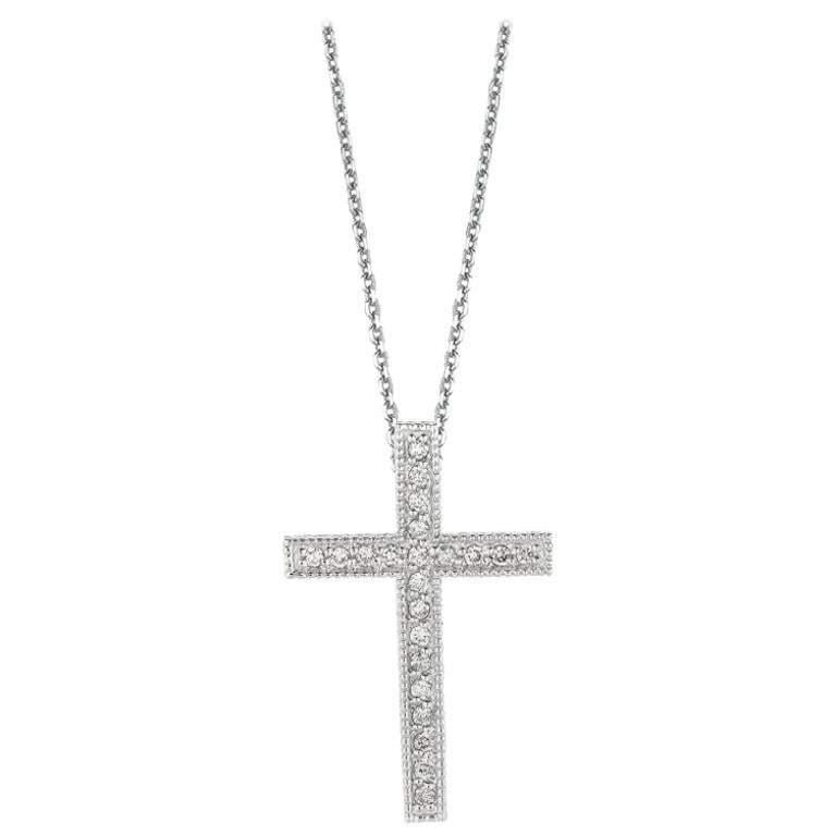 Collier pendentif croix en or blanc 14 carats avec chaîne G SI et diamants naturels de 0,35 carat en vente