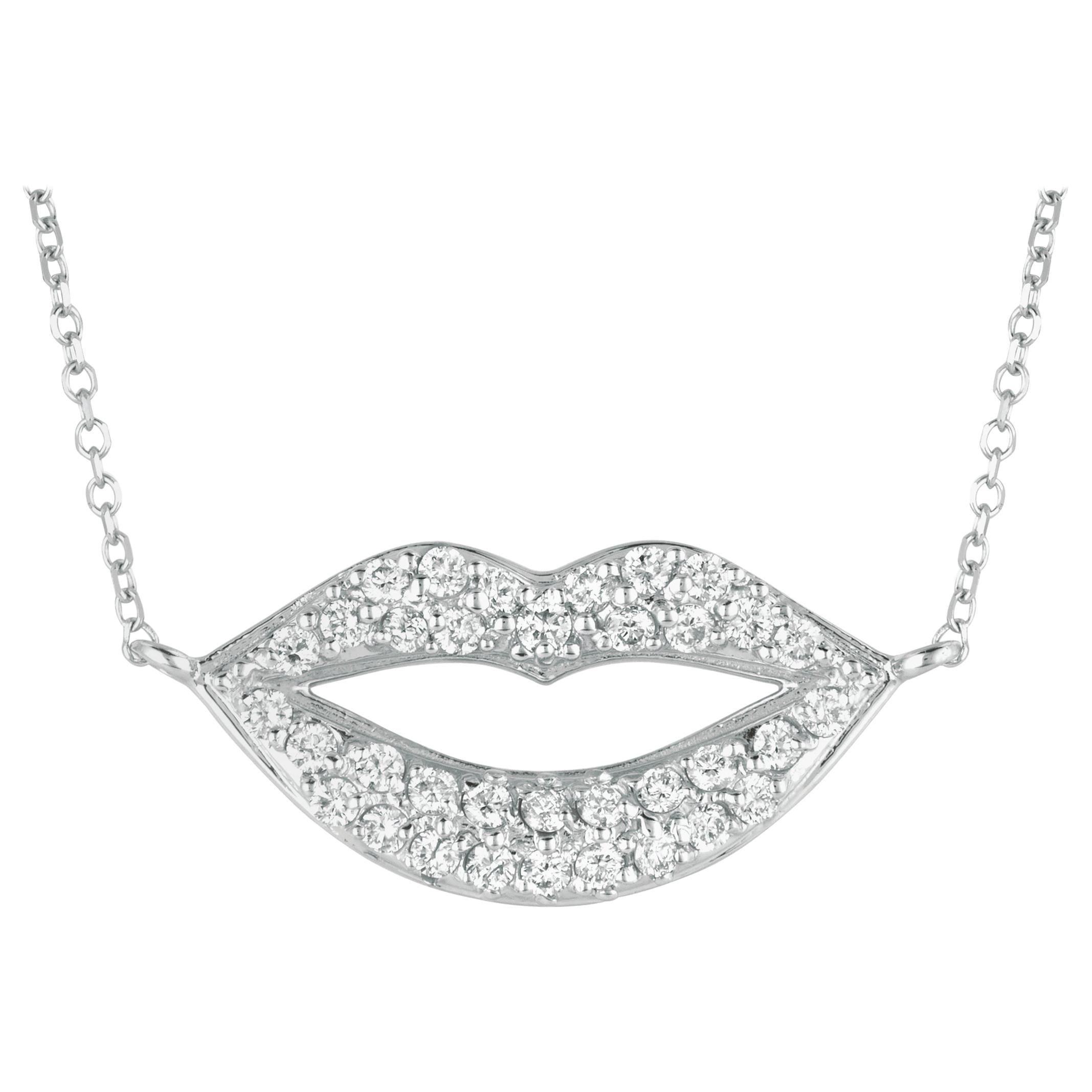 0.35 Carat Natural Diamond Lips Necklace 14 Karat White Gold G SI Chain For Sale