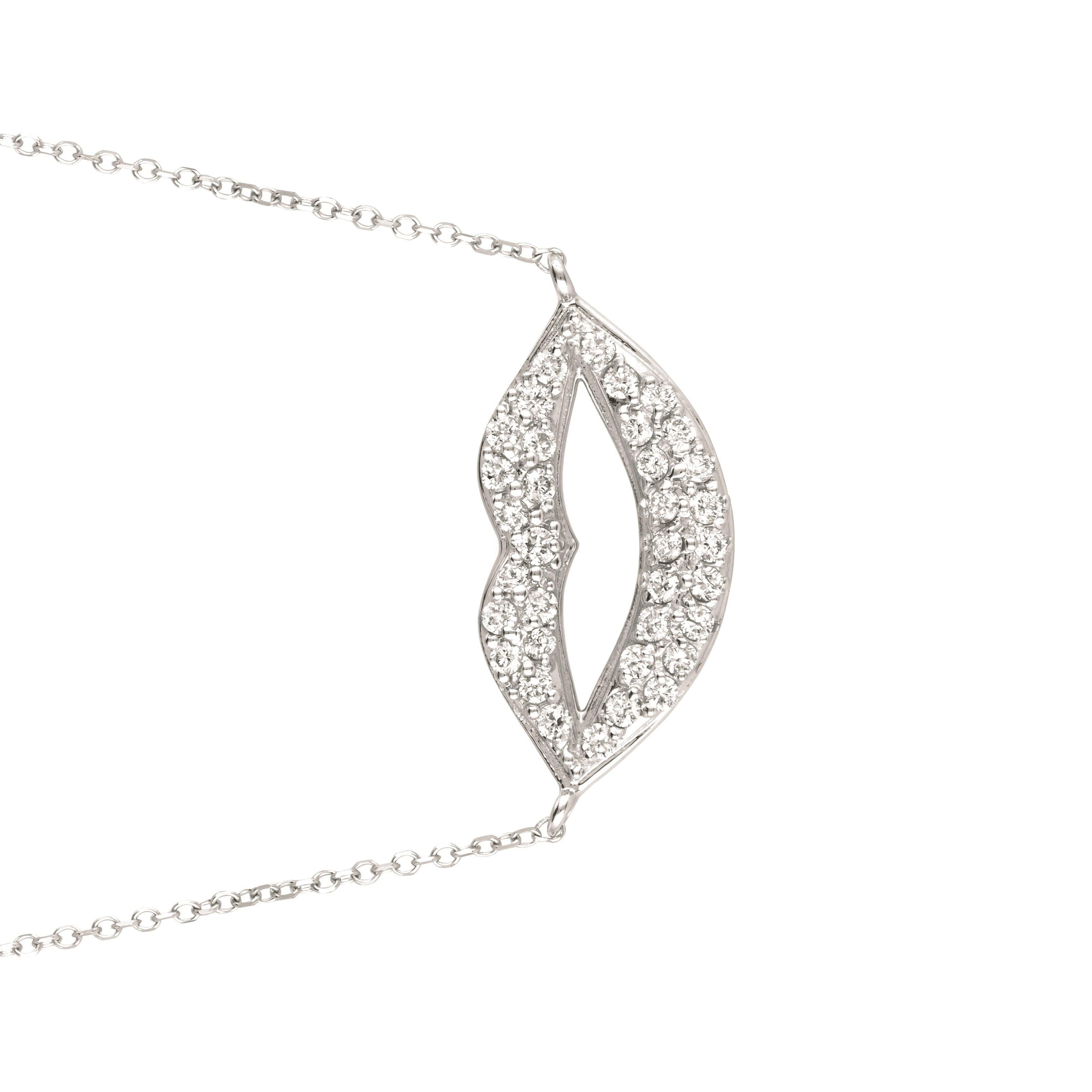 Round Cut 0.35 Carat Natural Diamond Lips Necklace 14 Karat White Gold G SI Chain For Sale