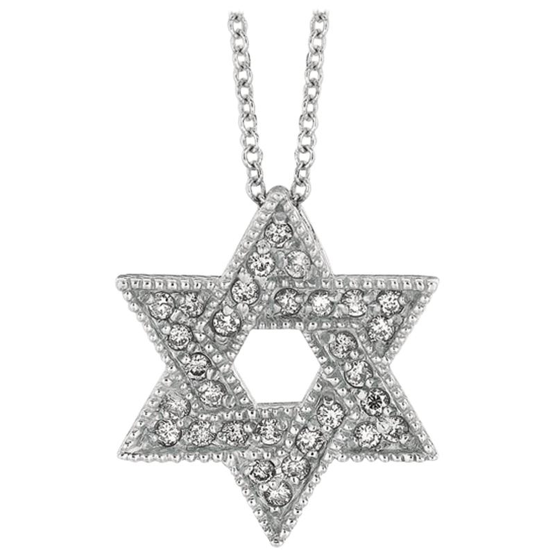 Collier étoile de David en or blanc 14 carats avec chaîne G SI et diamants naturels de 0,35 carat en vente