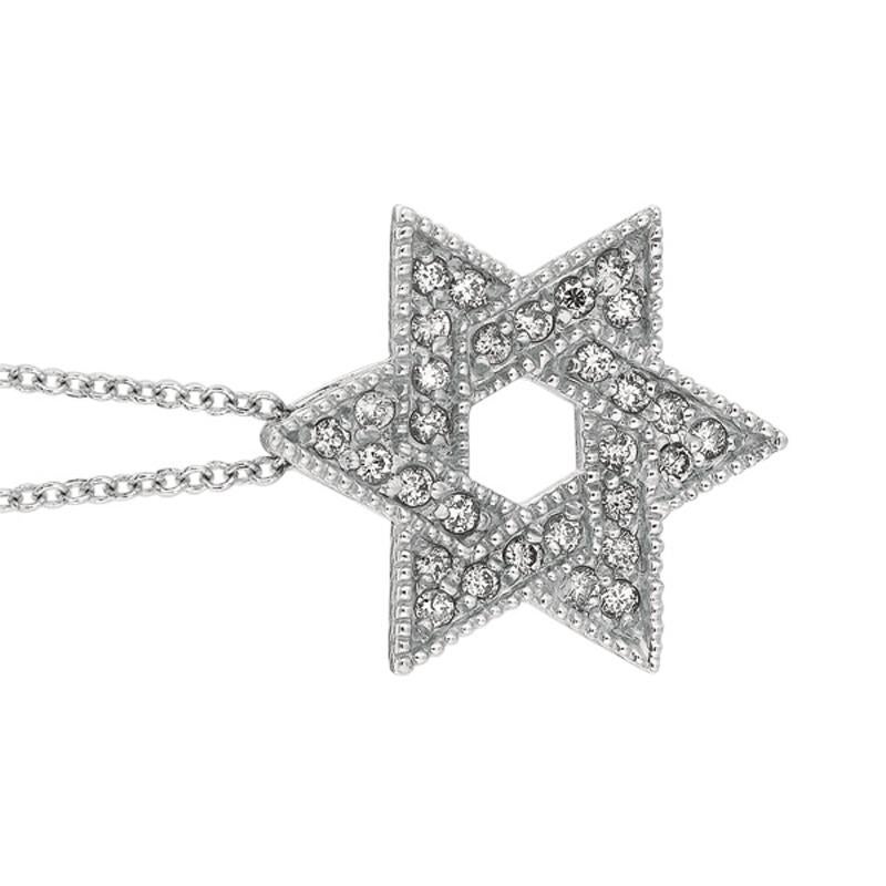 Taille ronde Collier étoile de David en or blanc 14 carats avec chaîne G SI et diamants naturels de 0,35 carat en vente