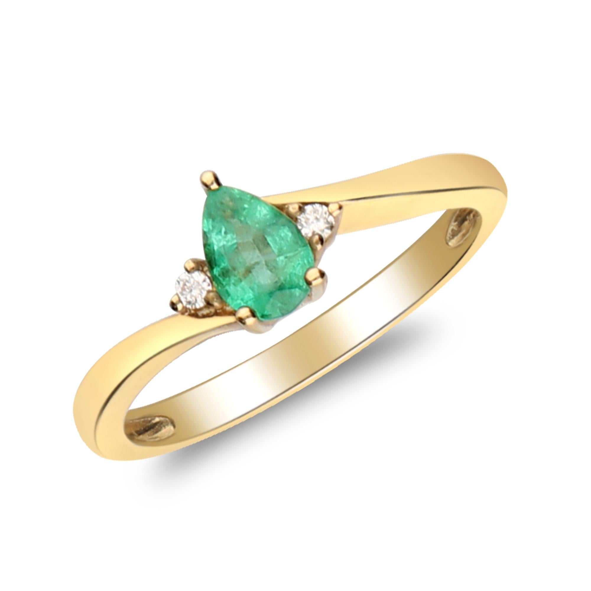 Art Deco 0.35 Carat Pear Cut Emerald Diamond Accents 14K Yellow Gold Engagement Ring For Sale