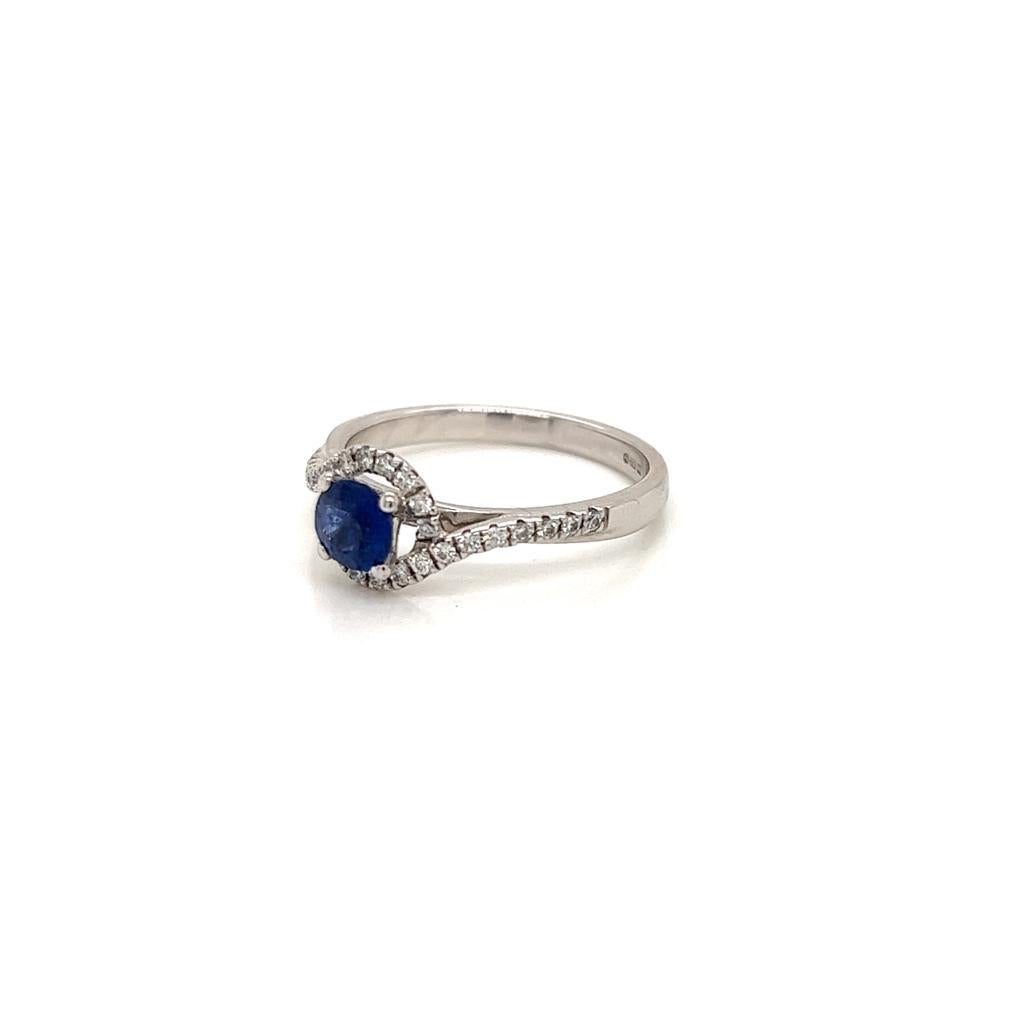 0.35 Carat Round Cut Blue Sapphire and Diamond Ring in 18K White Gold For Sale