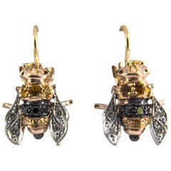 Vintage 0.35 Carat Sapphire 0.30 Carat Diamond Yellow Gold Lever-Back "Bees" Earrings