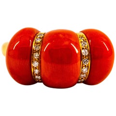 0.35 Carat White Diamond Mediterranean Red Coral Yellow Gold Cocktail Ring