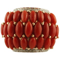 0.35 ct Diamonds, 3.40 g Red Corals Drops, Rose and White Gold Band Ring