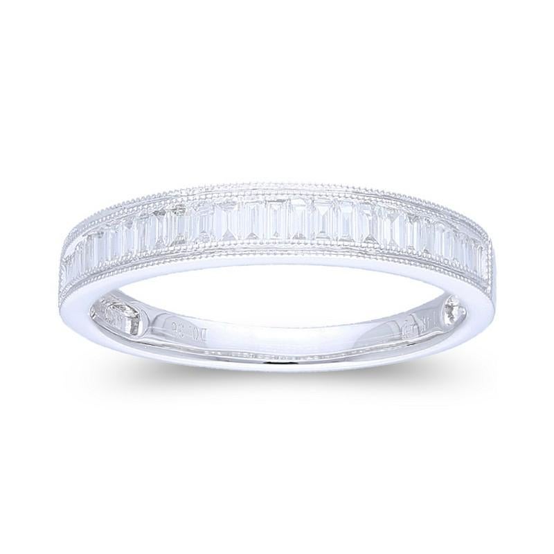 Diamonds: Twenty five meticulously selected baguette-cut diamonds grace this wedding ring, each securely set to highlight their unique shape. The total carat weight of 0.34 carats ensures a captivating and enduring sparkle.

Gold Setting: Crafted