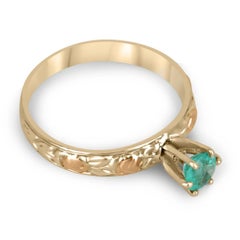 0.35ct 14K Round Cut Emerald 6 Prong Black Hill Floral Solitaire Two Toned Ring