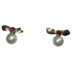 0.35ct Ruby pearl studs earrings 18ct yellow gold