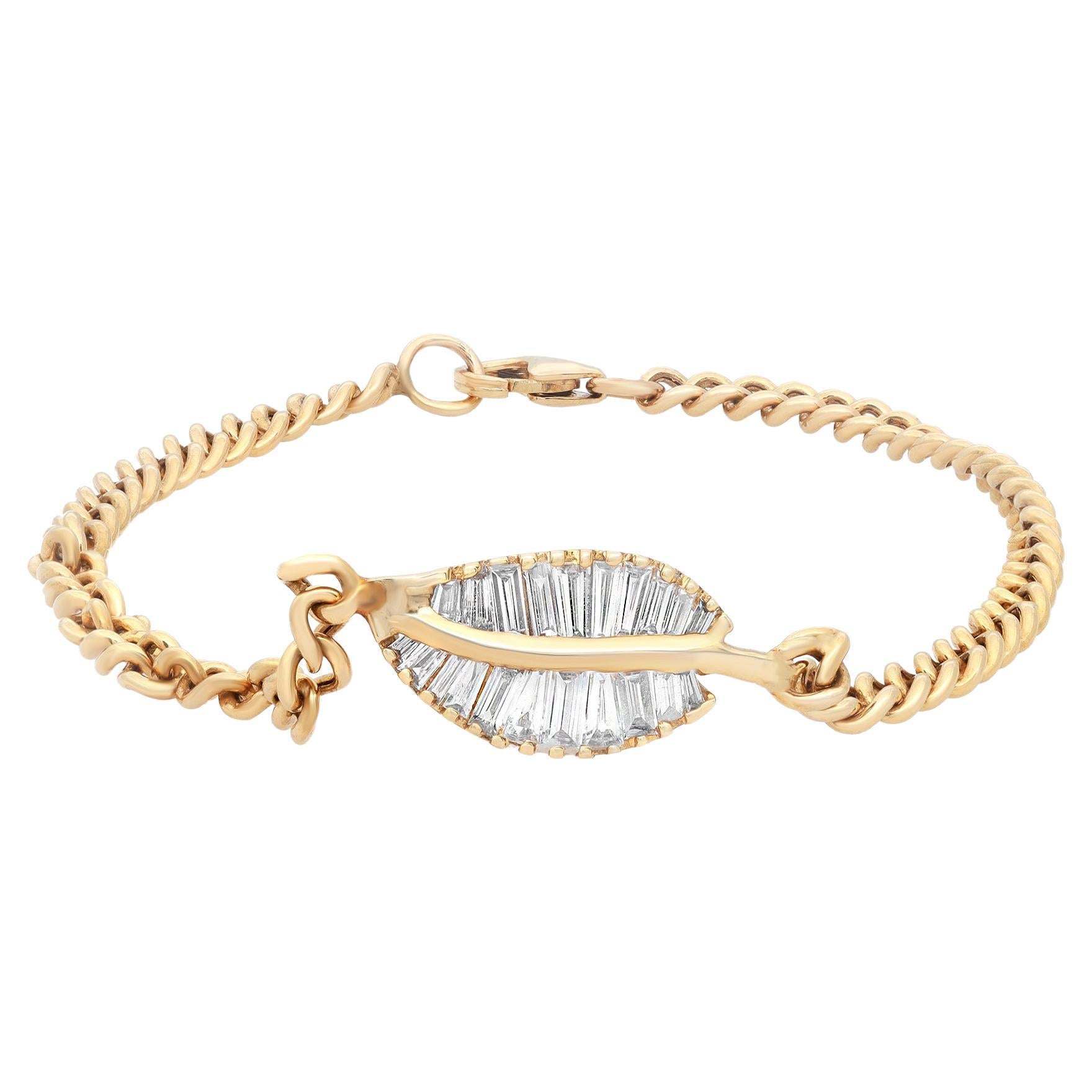 0.35cttw Baguette Cut Diamond Leaf Cuban Link Bracelet 14K Yellow Gold For Sale