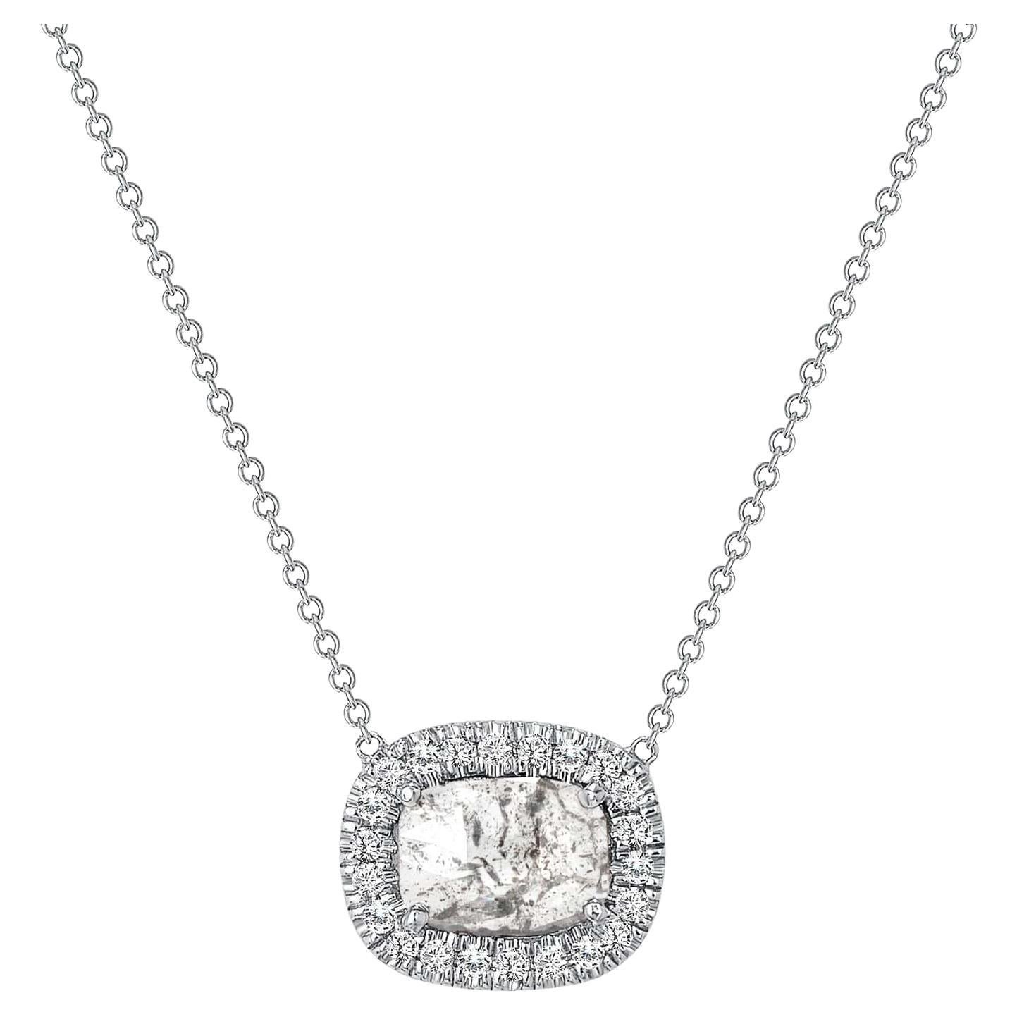 This Diamond Halo Pendant features a Cushion-cut Diamond center stone accompanied by small Round Diamond side stones in Halo setting in 14k Gold metal. Great gift for Anniversary, Birthday, Wedding, and Holiday.

Necklace Information
Metal : 14k
