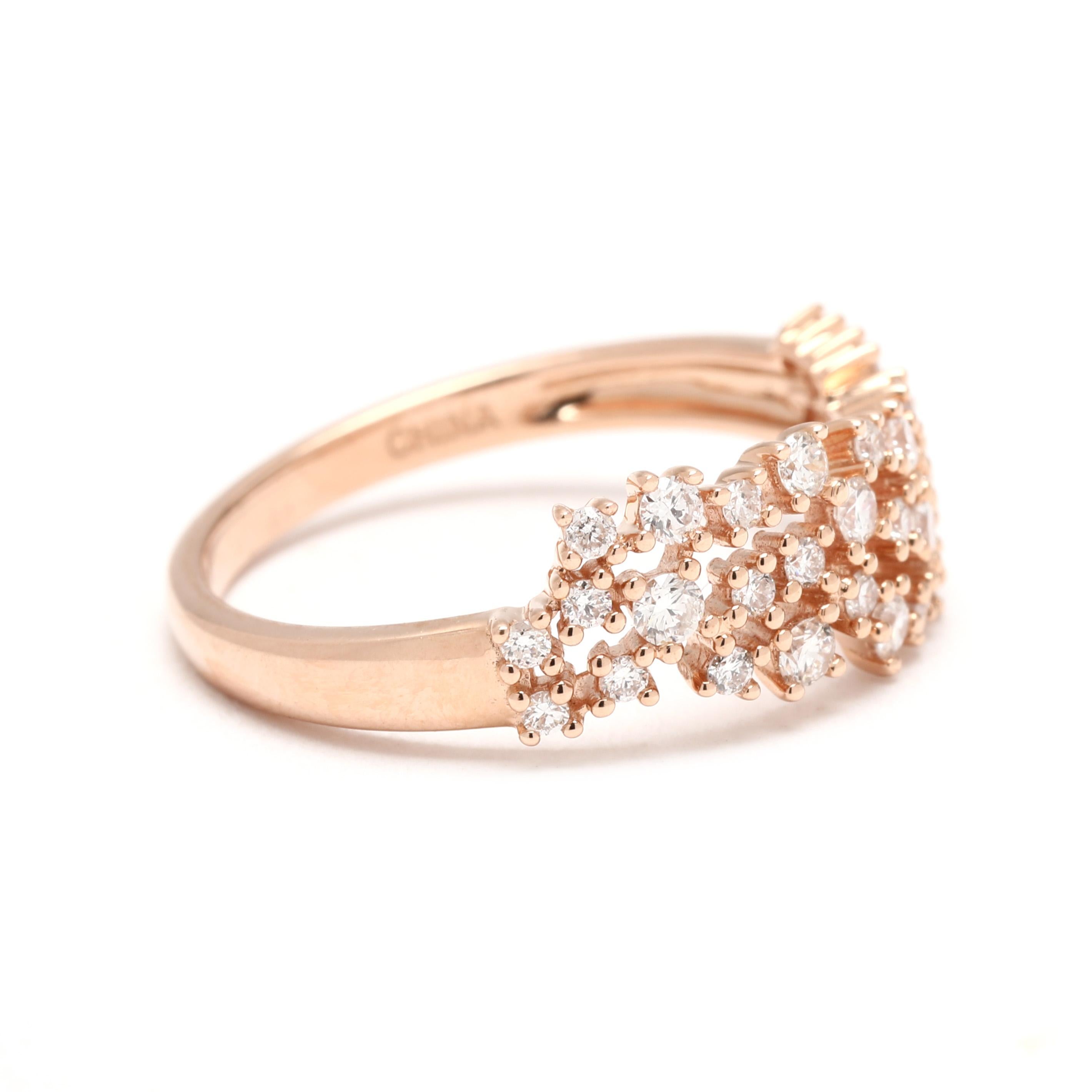 Stones:
diamond, 31
round brilliant cut
1.2 - 1.6 mm
approximately .35 total carats
GH color/ VS2-SI1 clarity

Ring Size 5

Rise Off Of Finger: 1.7 mm

Width: 6.7 mm

Weight: 1.3 grams/ 2 grams

Stamps: 