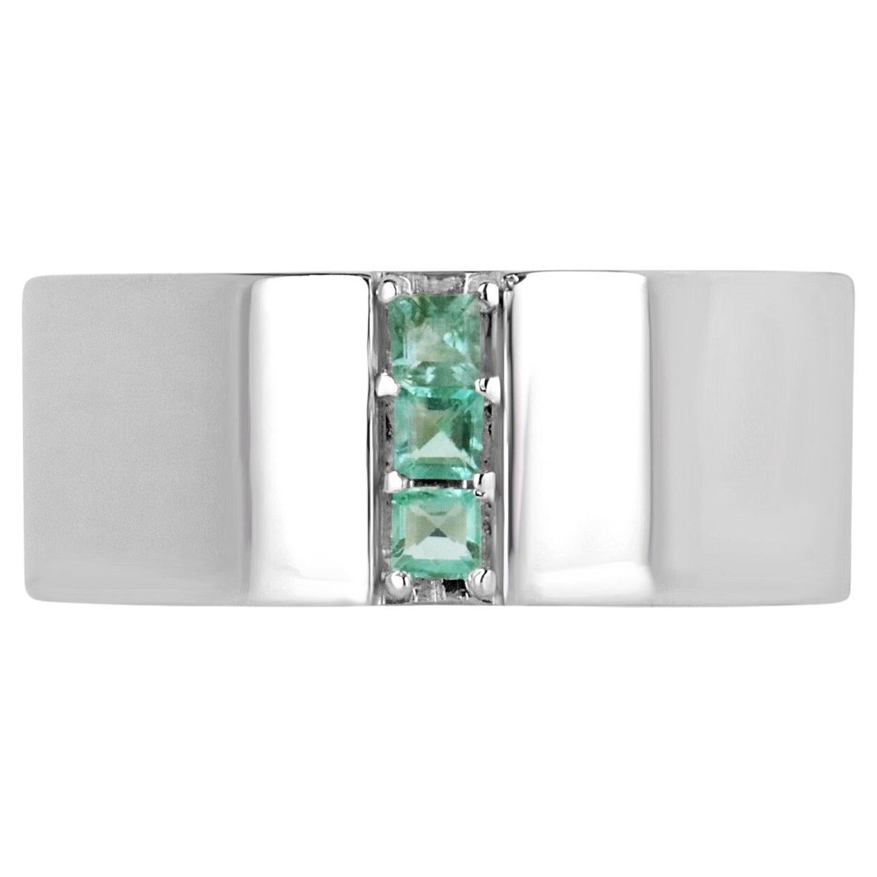 0.35tcw SS Men's Vertical Three Stone Natural Princess Cut Emerald Silver Ring For Sale