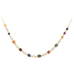0.36 Carat Diamond and Multicolored Stone Station Necklace 14 Karat in Stock