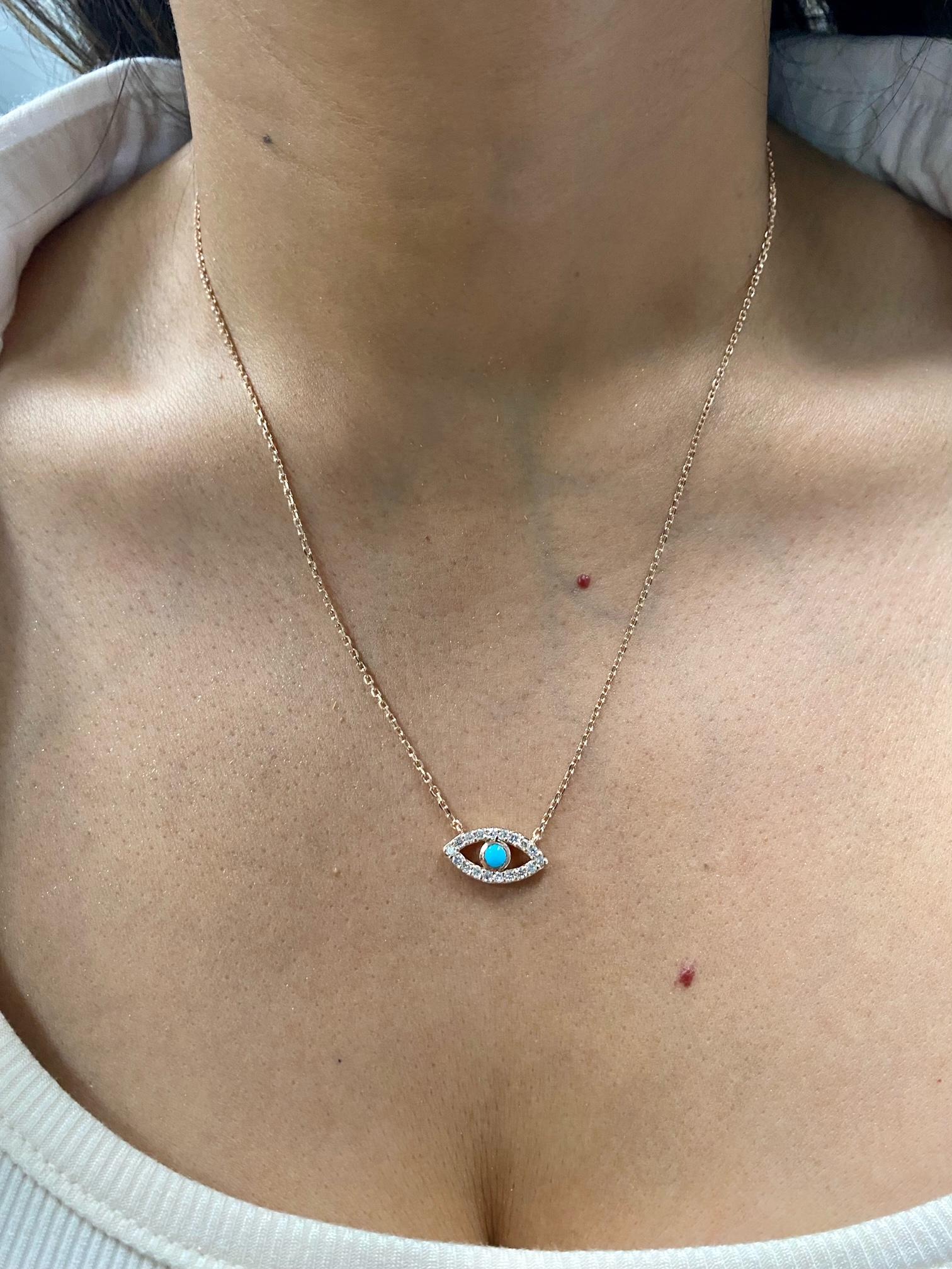 Round Cut Diamond and Turquoise Rose Gold Evil Eye Chain Pendant
