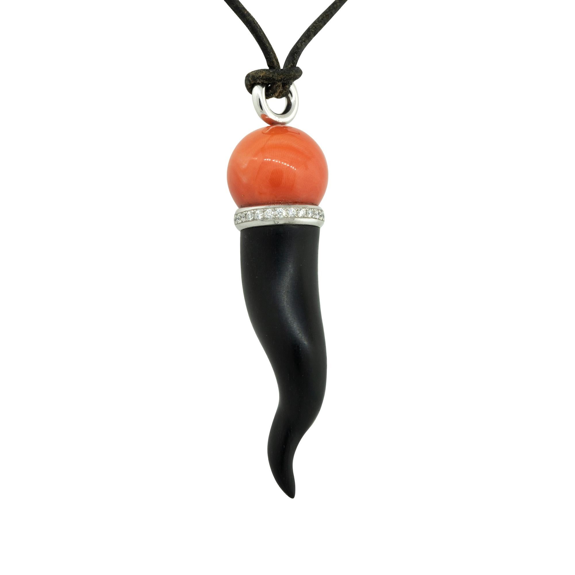 Modern 0.36 Carat Diamond, Coral, & Ebony Horn Pendant Necklace 18 Karat in Stock For Sale