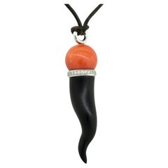 0.36 Carat Diamond, Coral, & Ebony Horn Pendant Necklace 18 Karat in Stock