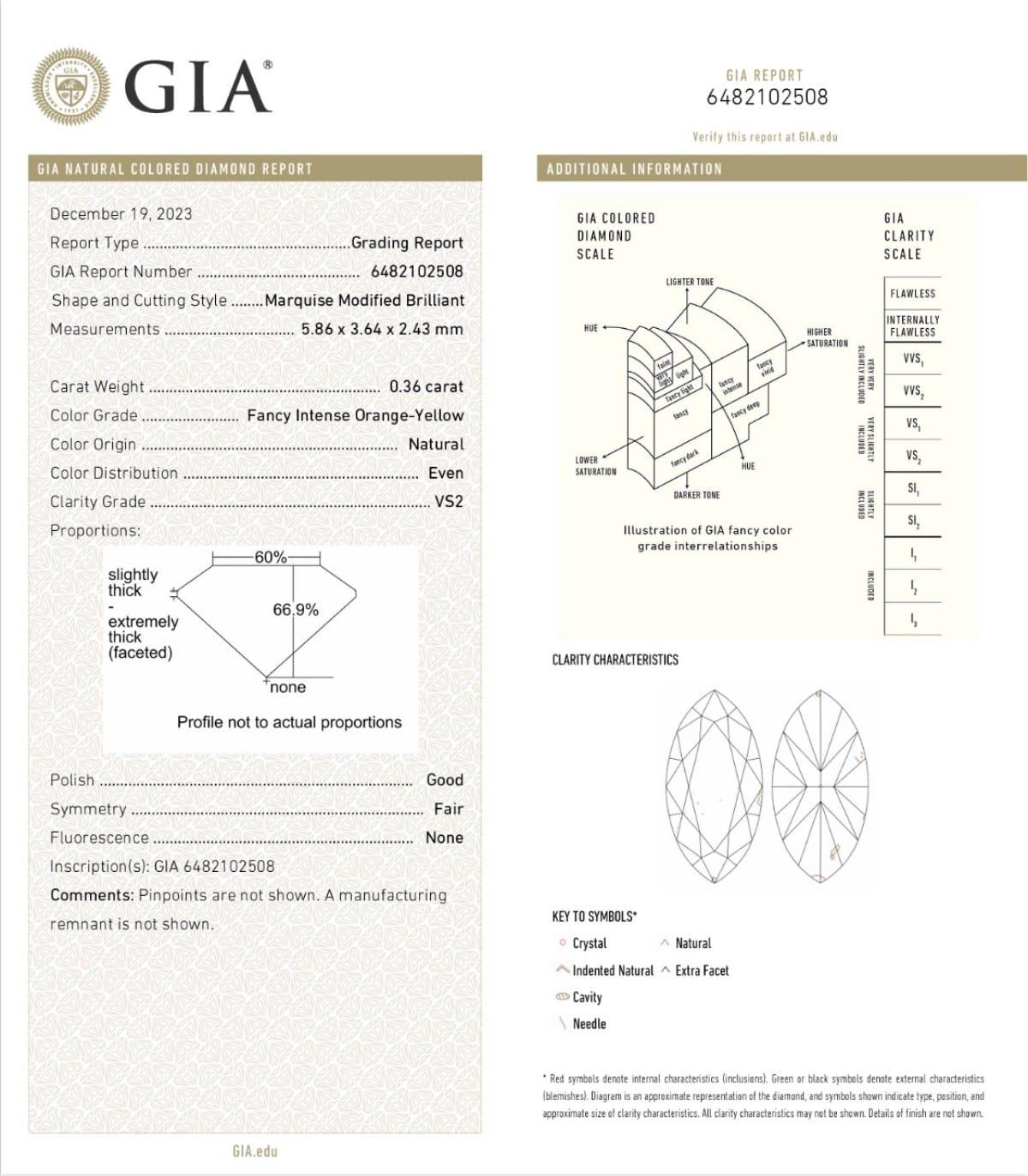 Diamant de taille marquise orange-jaune intense de 0,36 carat certifié GIA en vente 1