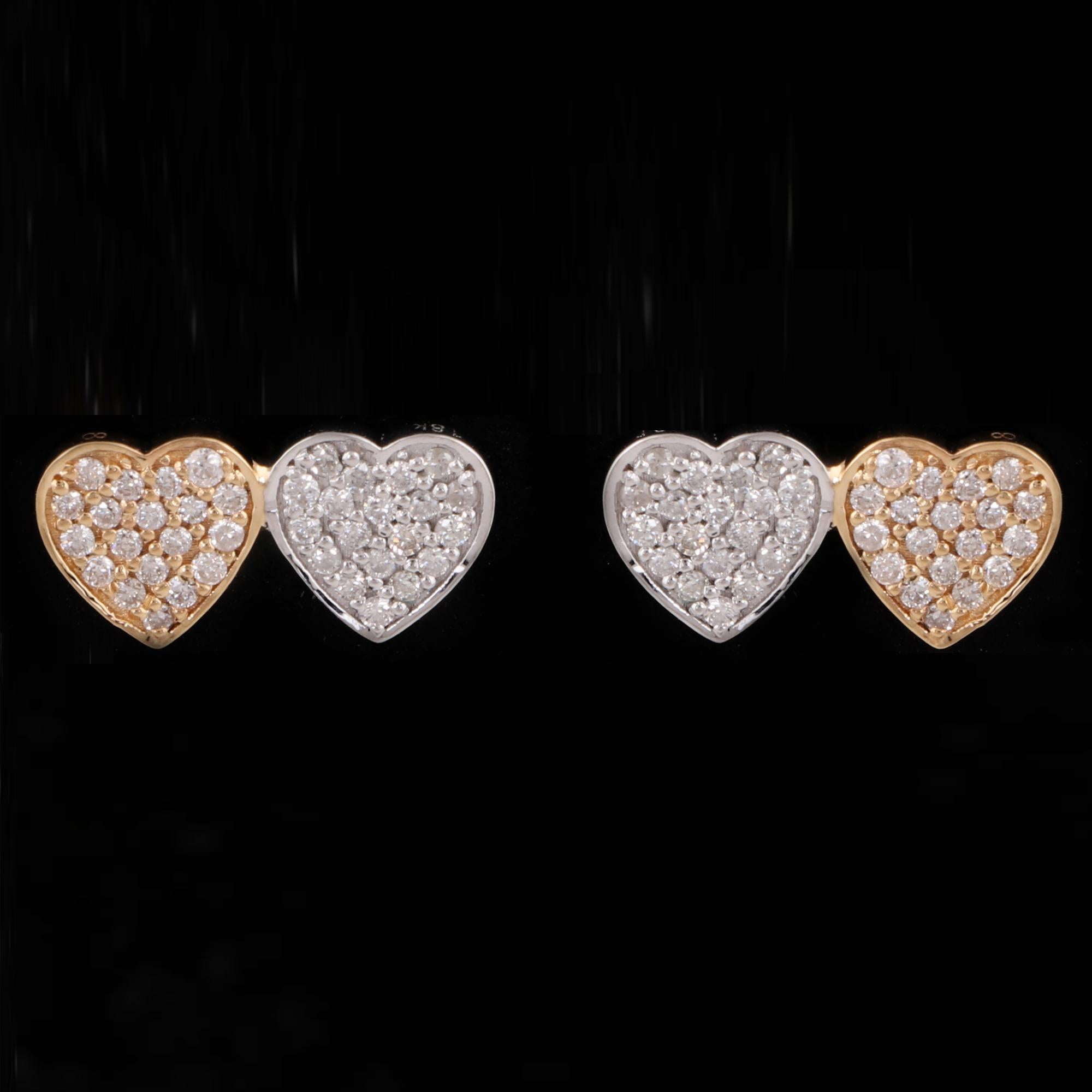 Modern 0.36 Carat Pave Diamond Double Heart Stud Earrings 18 Karat Yellow White Gold For Sale