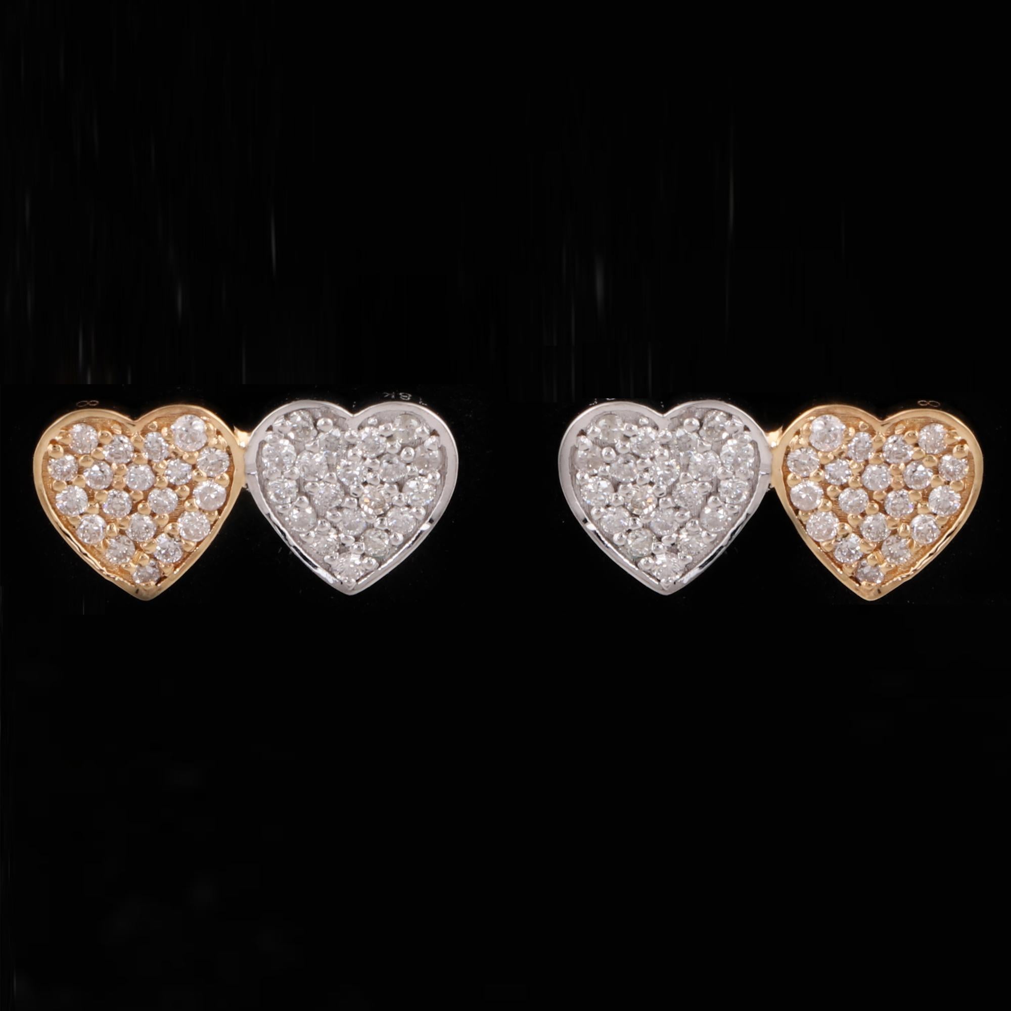 Moderne 0.36 Carat Pave Diamond Double Heart Stud Ears Gold 18 Karat Yellow White Gold en vente