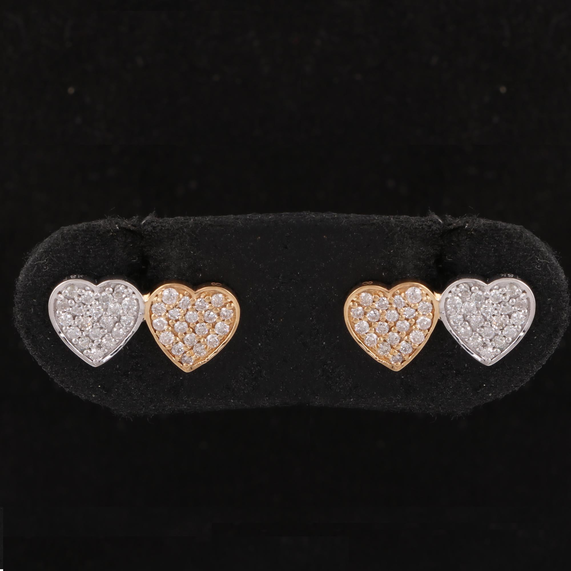 Round Cut 0.36 Carat Pave Diamond Double Heart Stud Earrings 18 Karat Yellow White Gold For Sale