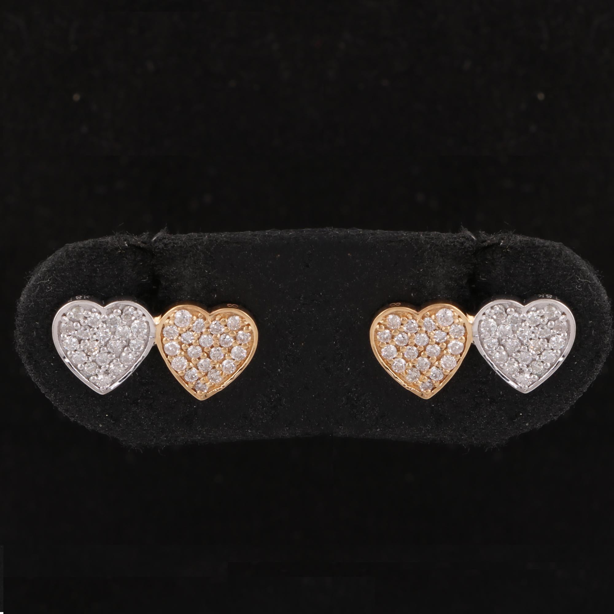 Taille ronde 0.36 Carat Pave Diamond Double Heart Stud Ears Gold 18 Karat Yellow White Gold en vente