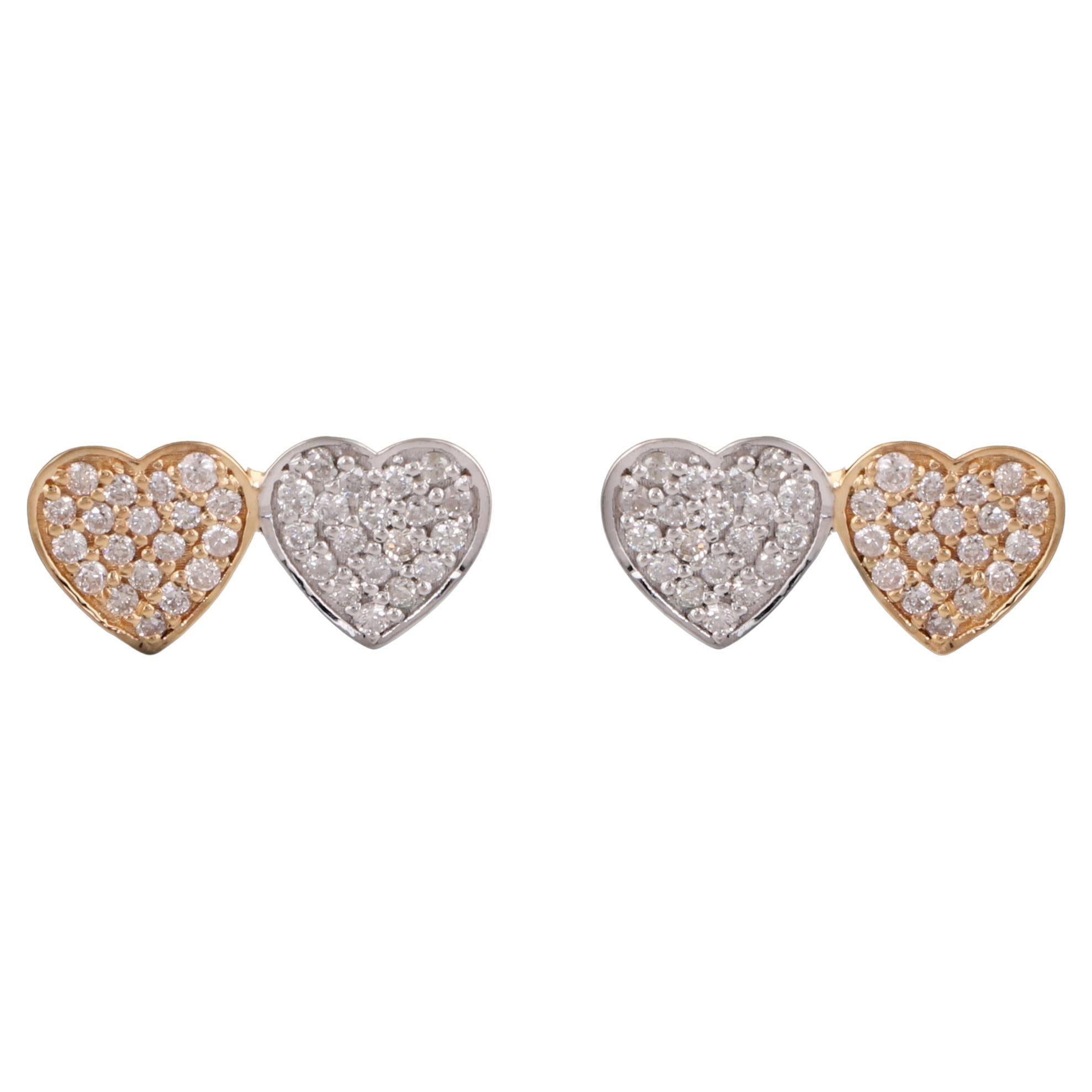 0.36 Carat Pave Diamond Double Heart Stud Earrings 18 Karat Yellow White Gold
