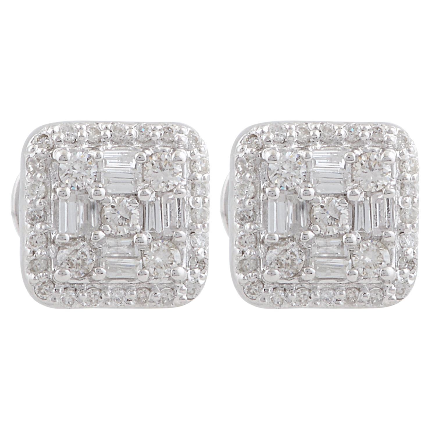 SI Clarity HI Color Baguette Diamond Square Stud Earrings 10 Karat White Gold