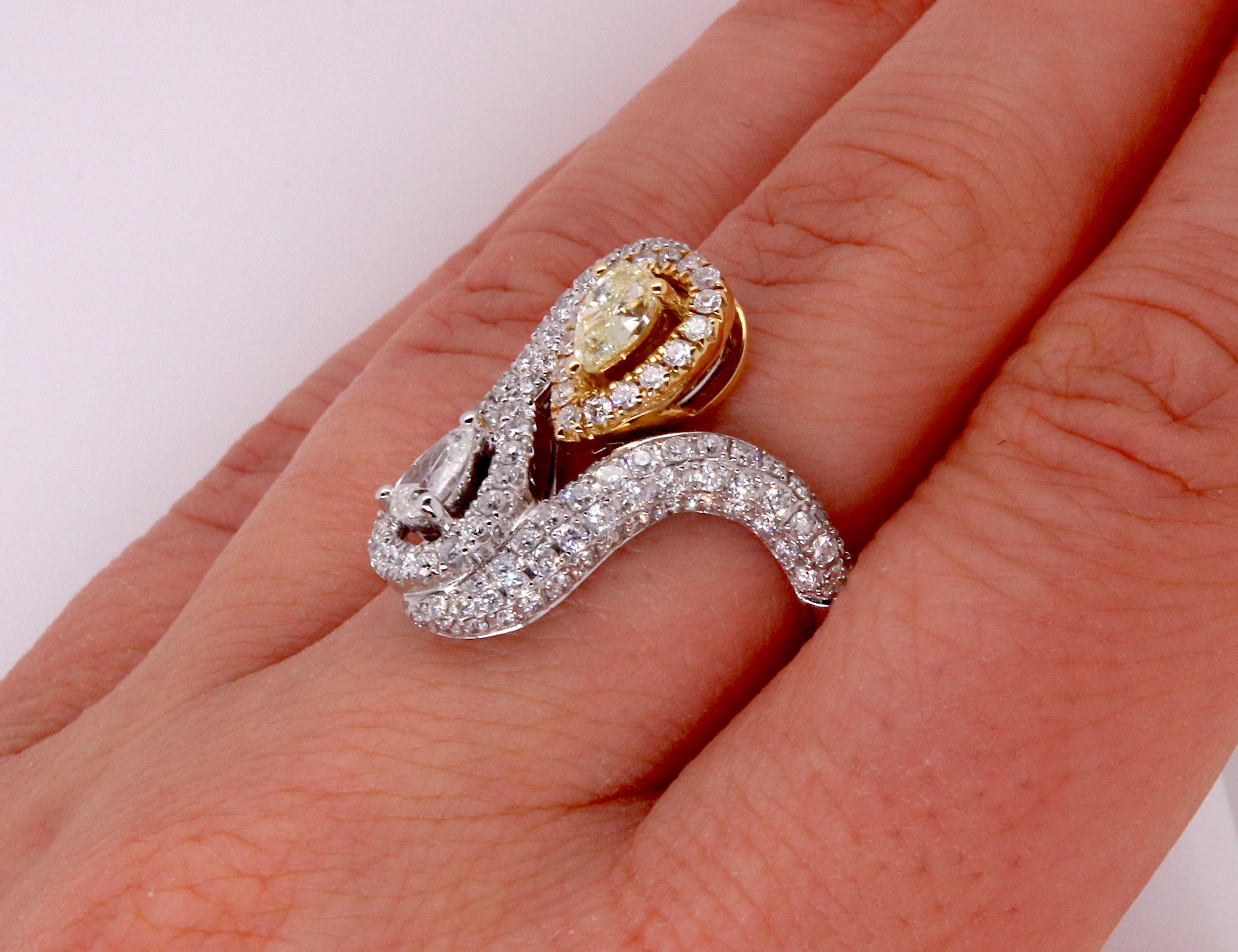 Contemporary 0.36 Pear Shaped Yellow Diamond and White Diamond Two Stone Toi Et Moi Ring