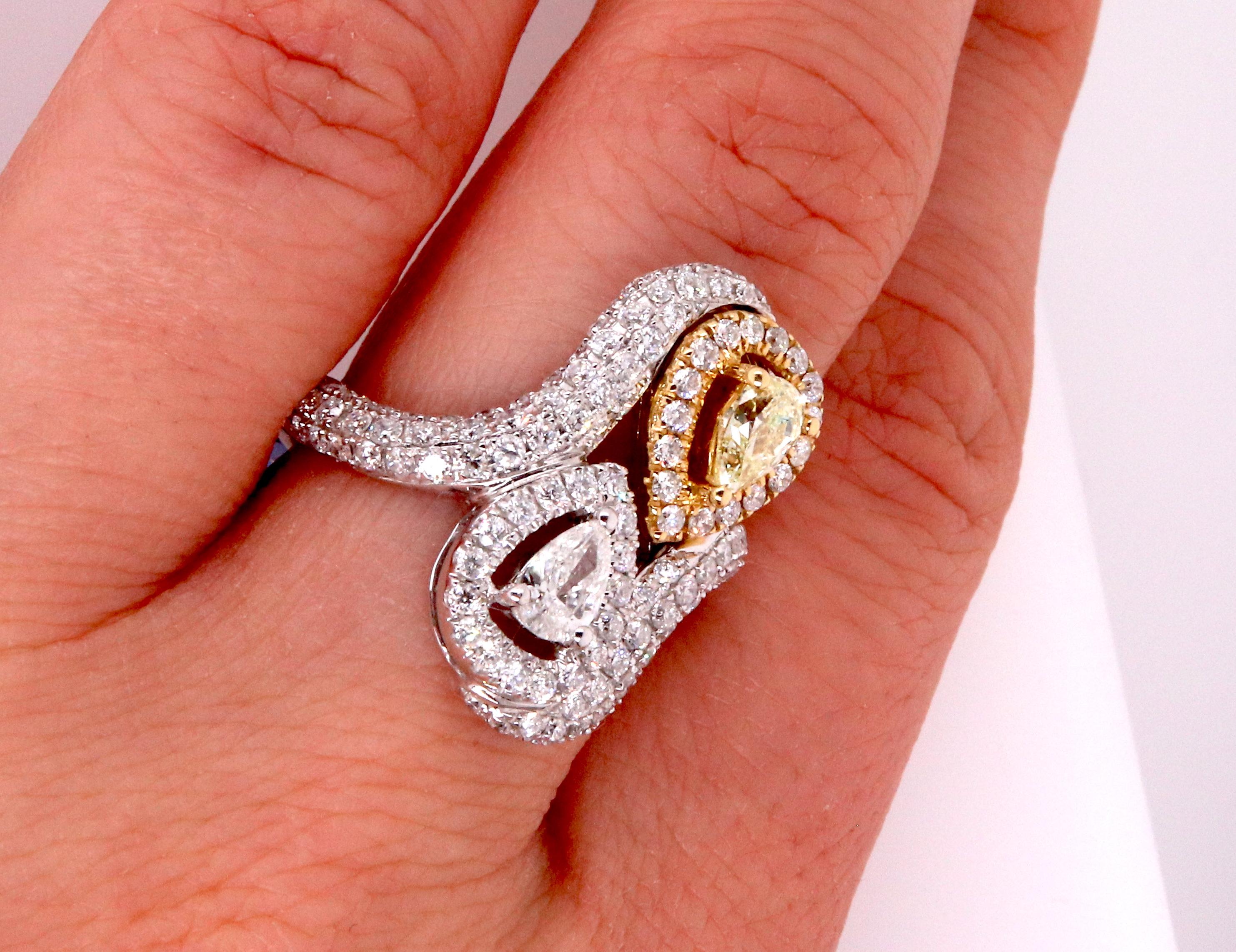 0.36 Pear Shaped Yellow Diamond and White Diamond Two Stone Toi Et Moi Ring In New Condition In GREAT NECK, NY