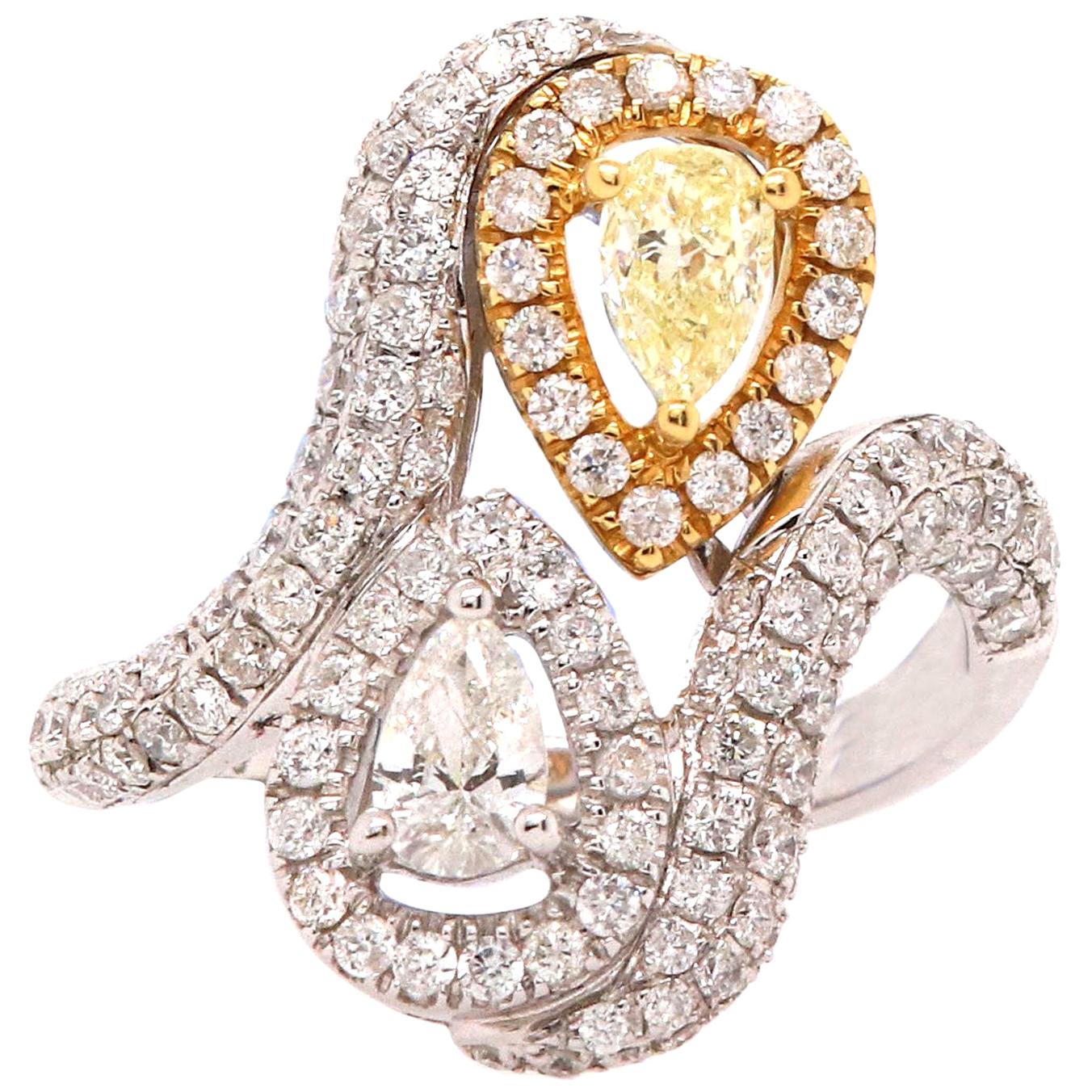 0.36 Pear Shaped Yellow Diamond and White Diamond Two Stone Toi Et Moi Ring