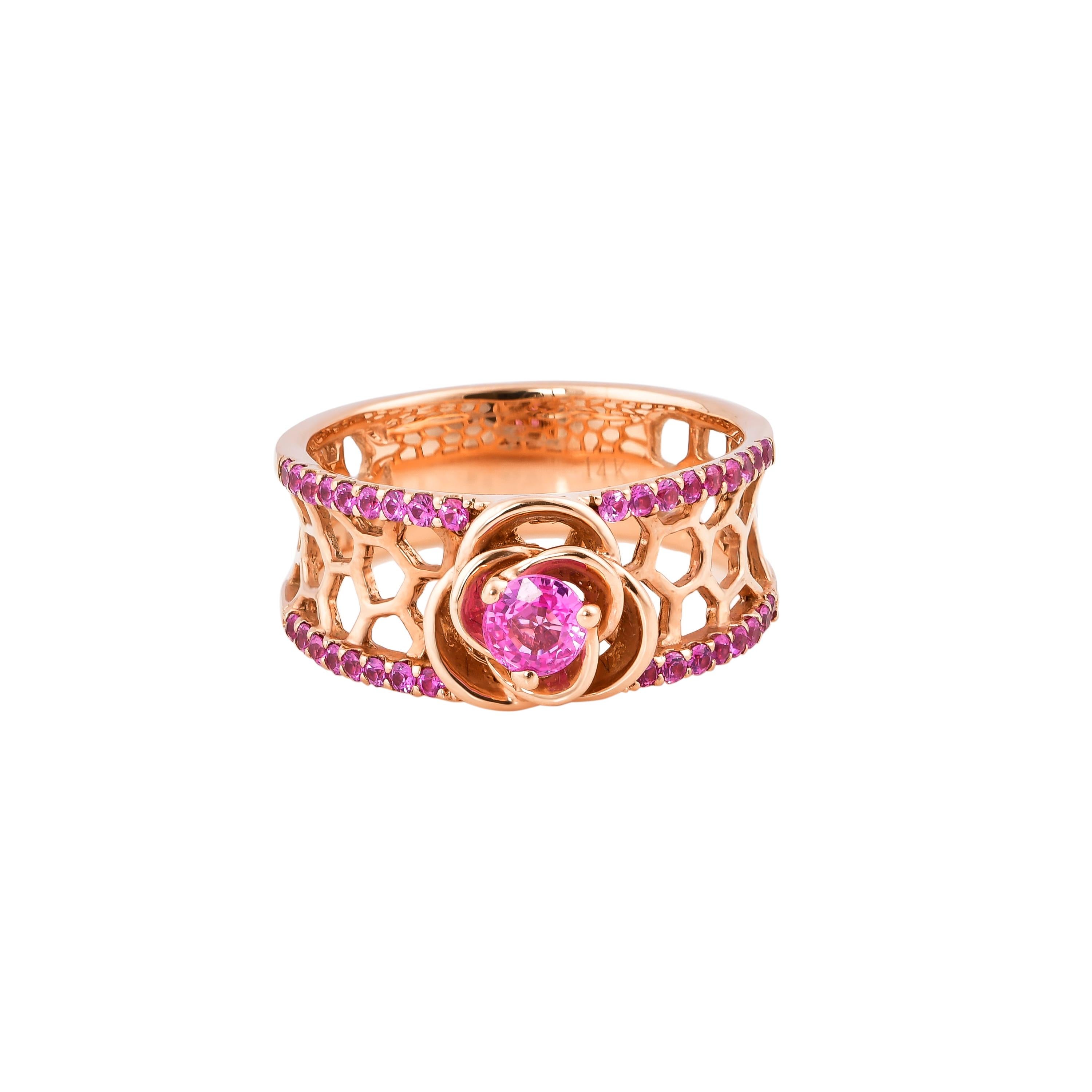 Round Cut 0.723 Carat Pink Sapphire Ring in 14 Karat Rose Gold For Sale