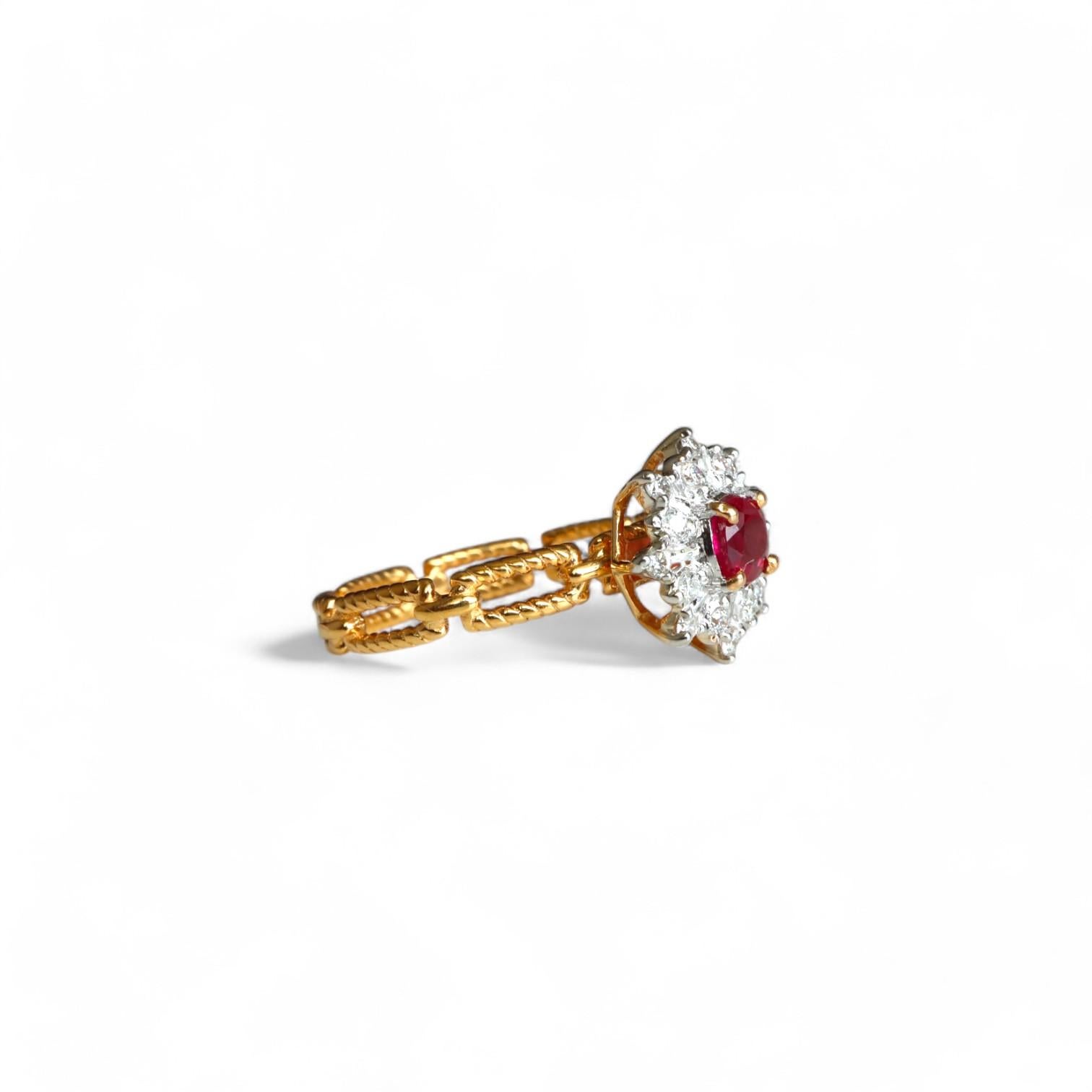 Vivid Red Burmese Unheated Ruby in 21k solid gold

Features :

Main Gemstone (1pc) - Ruby

Main Gemstone Weight  - 0.36 Ct 

Measurement of ruby -  4.2x4.1 mm

Cut - Mixed (off round)

Clarity - VS (Eye Clean, No Blemishes)

Color- Bright Vivid