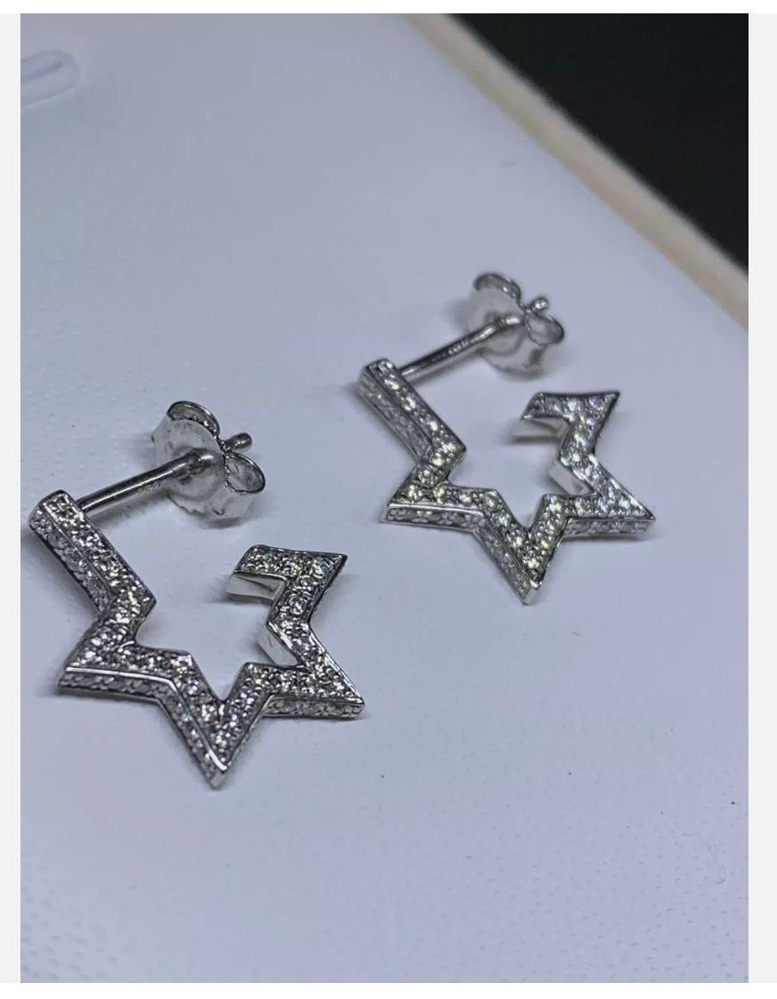 0.36ct Diamond Chunky Star Hoops Huggies Earrings 18ct White Gold For Sale 1