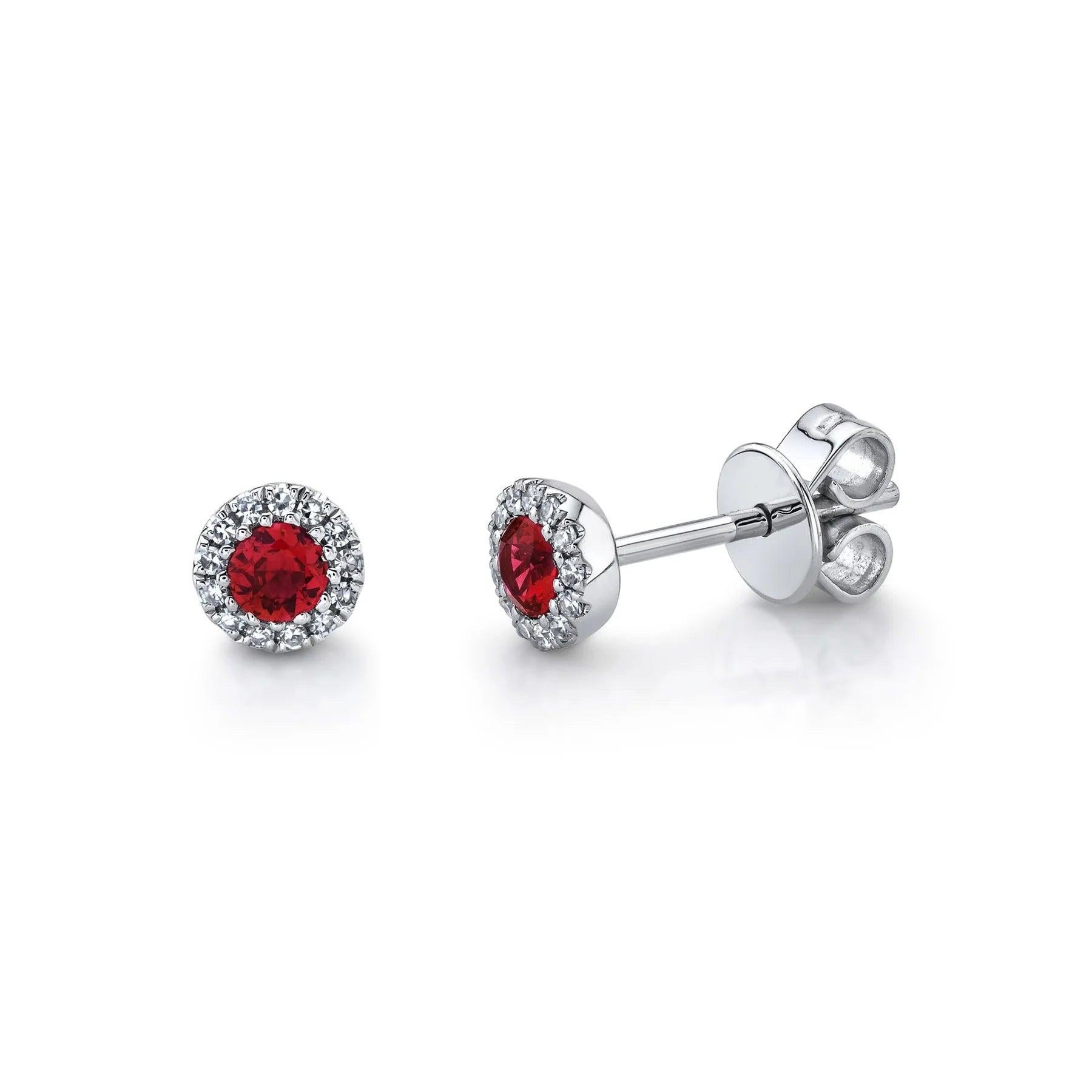 0.36ct Round Brilliant Cut Diamond and Ruby Stud Earrings in 14k White Gold For Sale