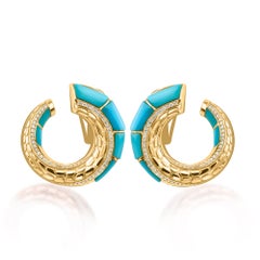 0.36CtNatural Diamond & Turquoise 3.62Ct Horseshoe Hoop Earrings 18k Yellow Gold