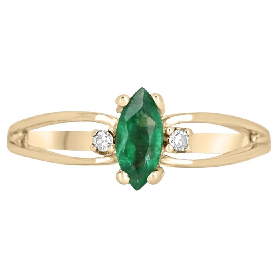 0.36tcw 14K Natural Emerald-Marquise Cut & Round Diamond Three Stone Ring For Sale