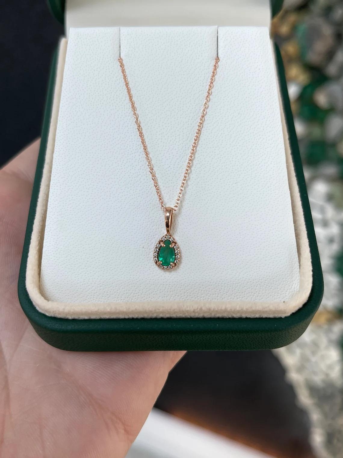 Modern 0.36tcw 14K Tiny Natural Dark Green Pear Emerald & Diamond Halo Rose Gold Pendan For Sale