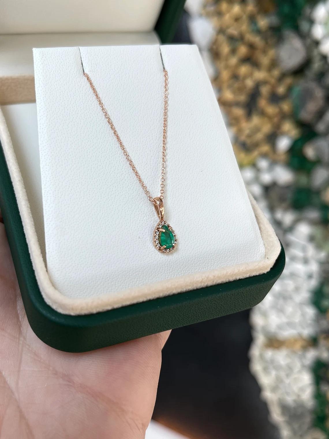 0.36tcw 14K Tiny Natural Dark Green Pear Emerald & Diamond Halo Rose Gold Pendan In New Condition For Sale In Jupiter, FL