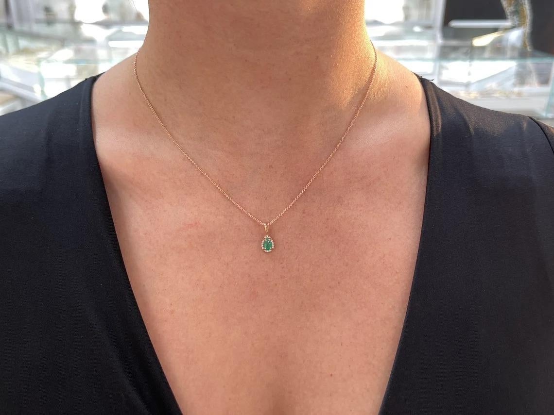Women's 0.36tcw 14K Tiny Natural Dark Green Pear Emerald & Diamond Halo Rose Gold Pendan For Sale